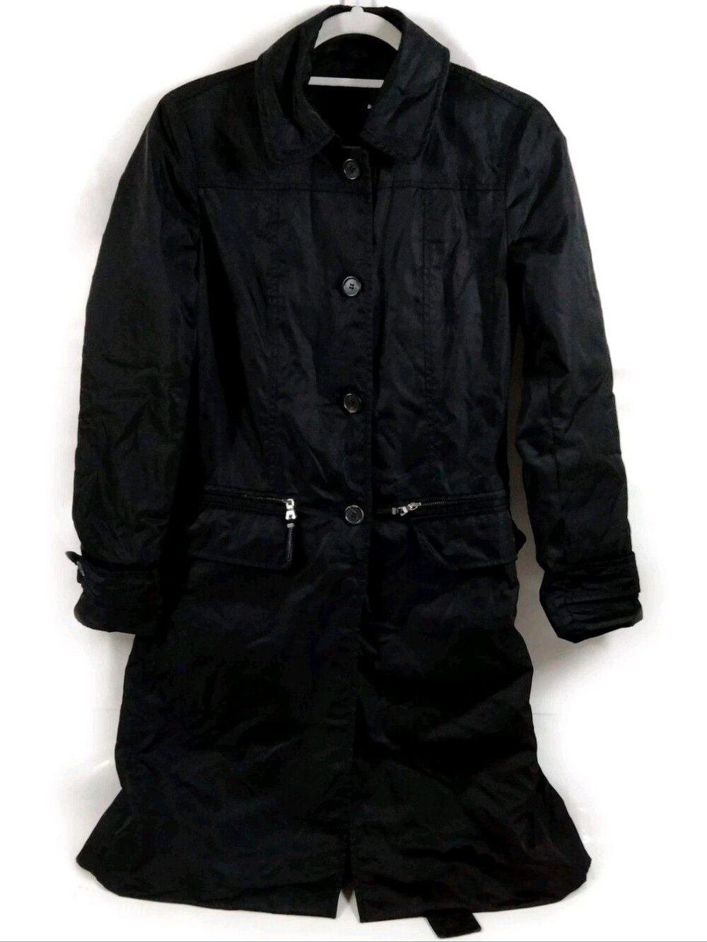 Prada Ladies Black Long Trench Coat with Zip Accents Nylon